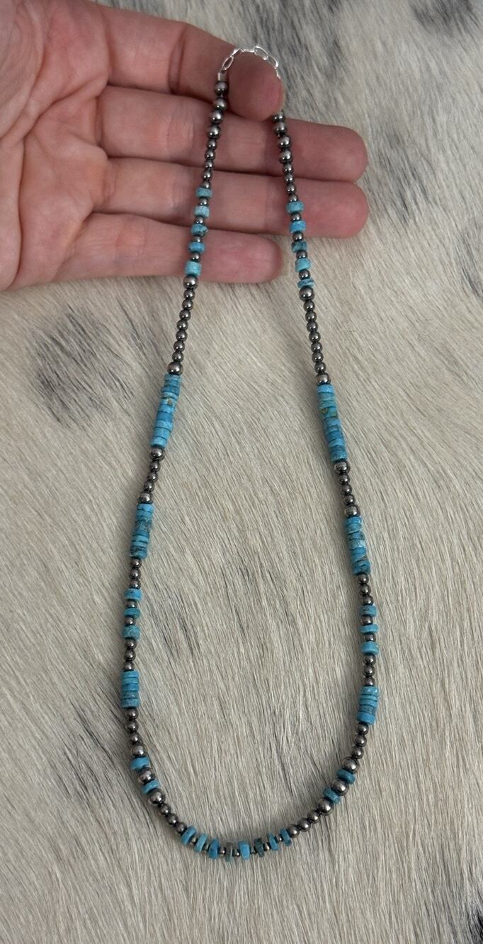 Sterling Silver Blue White Water Turquoise Navajo Pearl Necklace 16.5”-18.5”